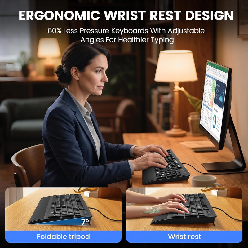 Large Print Keyboard Mouse Combo for Seniors, Wired 3-in-1 Set | 4X Oversized Print, Laser-Etched Non-Fade, Full-Size Numpad, Mouse + Pad + Dust Cover, Ergonomic Design Black（3 in 1）