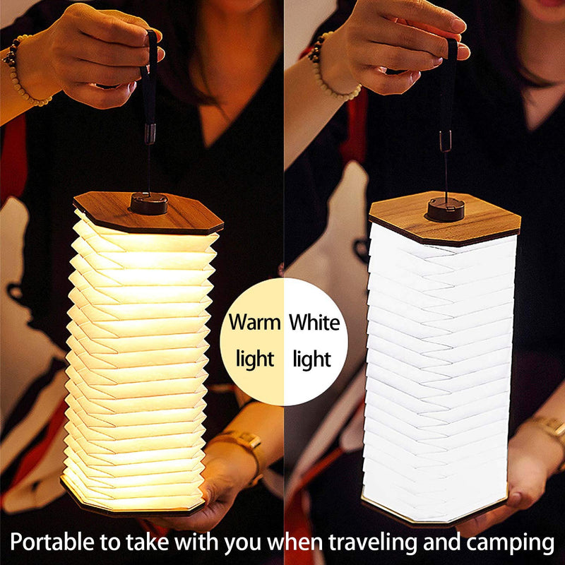 LED Hanging Folding Lantern, Wood & Paper Lamp, Organ Book Light for Office, Decoration, Gift, USB Rechargeable