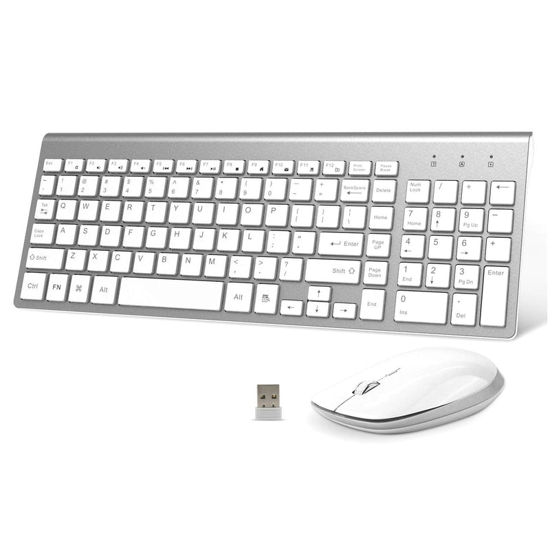Wireless Keyboard and Mouse - FENIFOX USB Slim 2.4G Wireless Keyboard Mouse Combo Full-Size Ergonomic Compact with Number Pad for Laptop PC Computer Windows mac- Silver White