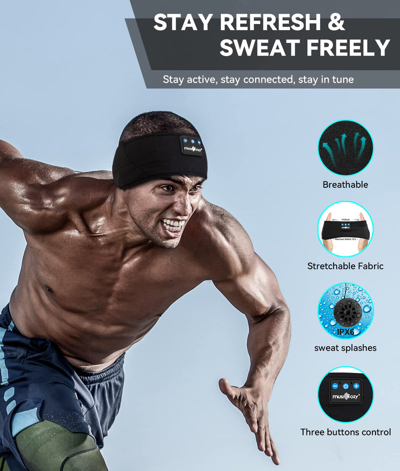 MUSICOZY Sleep Headphones Bluetooth 5.2 Headband, Sports Wireless Earphones Sweat Resistant Earbuds with Ultra-Thin HD Stereo Speaker for Workout Running Cool Gadgets Unique Gifts Black