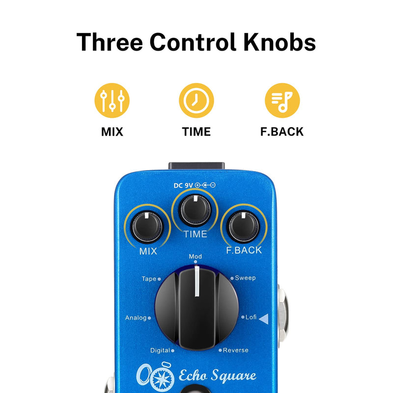 Donner Echo Square Delay Pedal - Digital 7-Modes Delay for Electric Guitar, Multi-Delay including Digital, Analog, Tape, Mod, Sweep, Lofi, Reverse - True Bypass Blue Digital Delay