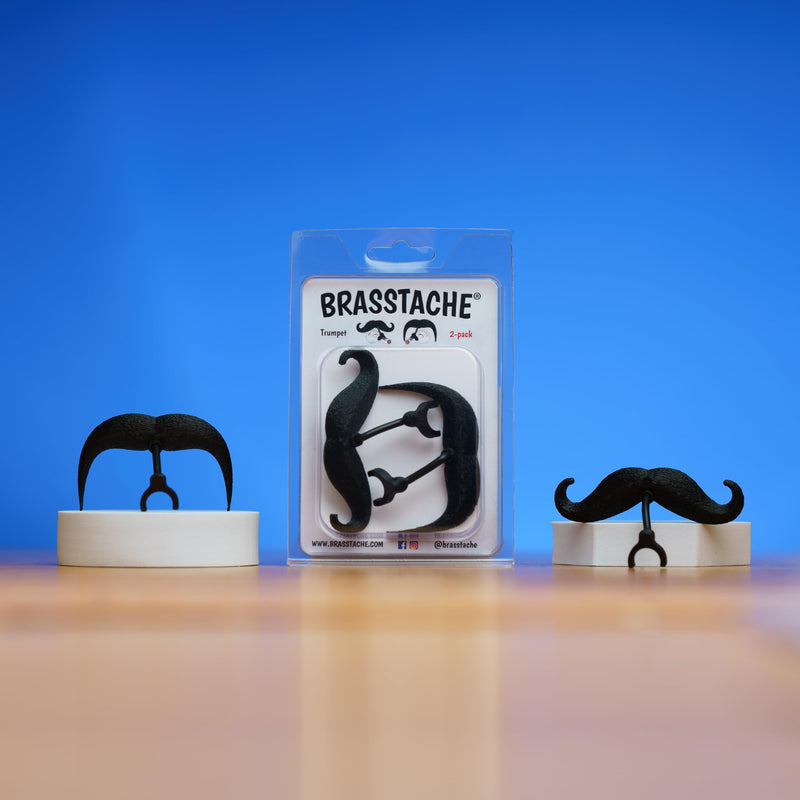 The Original Brasstache 2.0 - [2-Pack] Clip-on Mustache for Trumpet Mouthpiece, XL and Handlebar Combo Version