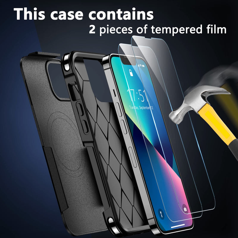 SPIDERCASE Designed for iPhone 13 Case, with [2 Pcs Tempered Glass Screen Protector] Compatible with Magsafe Shockproof Anti-Drop Military Protective Cover for iPhone 13 6.1 inch (Black) Magnetic Black