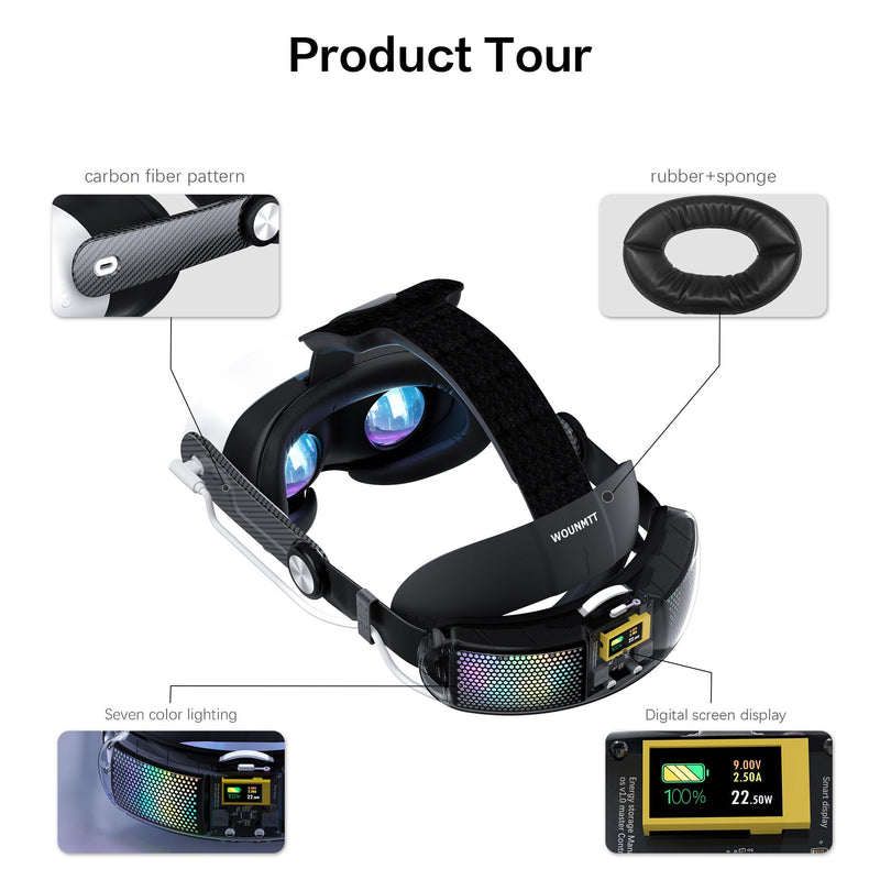 Head Strap with 10000mAh Battery for Meta Quest 3/3S – Transparent RGB Lighting, Smart Power Display & Carbon Fiber Finish, Adjustable VR Headset Strap for Enhanced Comfort and Balance