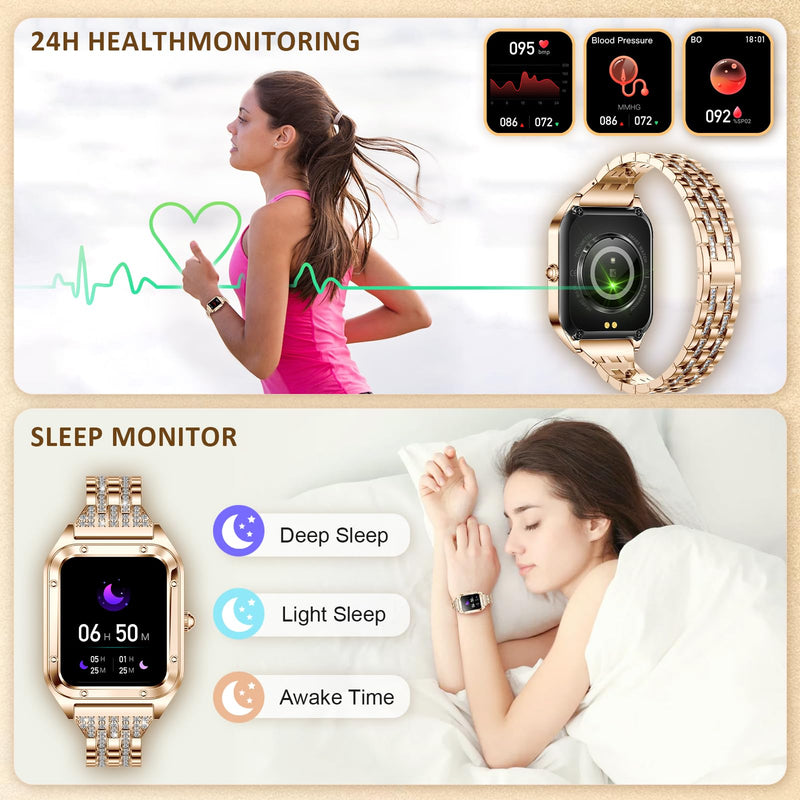 Smart Watch for Women 1.59" iPhone & Android Luxury Diamond Bluetooth Call | Fitness Tracker/AI Voice Control/Heart Rate Sleep Monitor, 120+ Sport Modes IP68 Waterproof, Rose Gold/2 Bands Rosegold 2(daimond rosegold+pink)