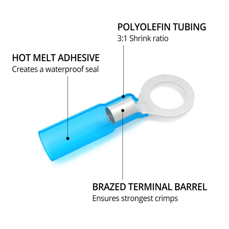 Wirefy 130 PCS Heat Shrink Ring Terminals 1/4" - a Resistant Ring Connectors - Eyelet Wire Connectors - Blue 16-14 AWG Ring 1/4" Blue 16-14 Gauge