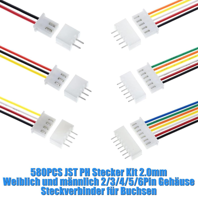 580 pieces JST-XH plug kit, PH 2.0 2/3/4/5/6-pin JST adapter male and male socket, adapter cable, 2.54 mm female metal pin connector, adapter F-066-580 pieces