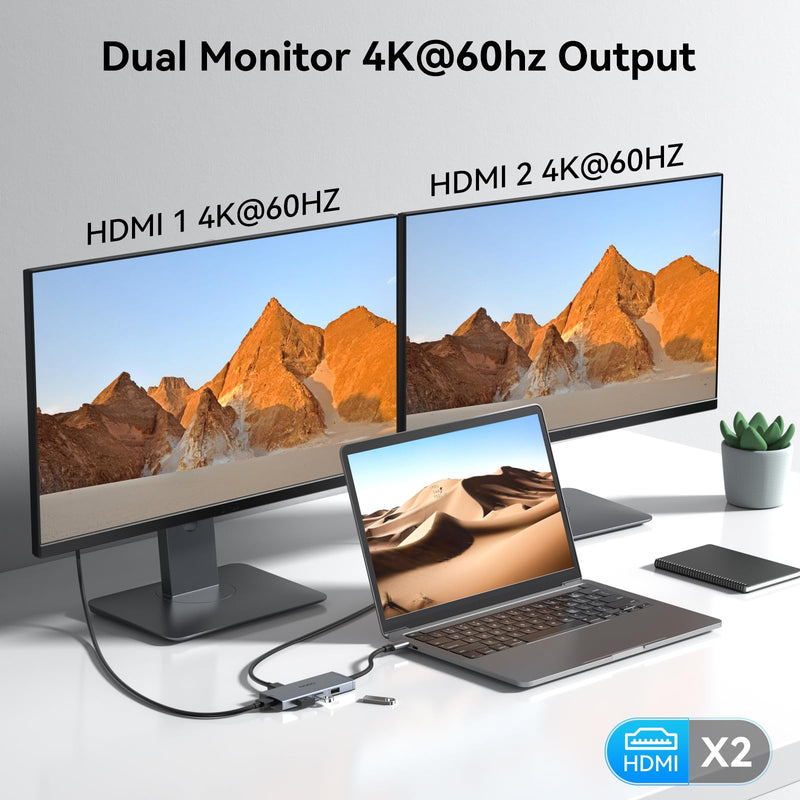 Docking Station to Dual HDMI Monitors Adapter, USB C Hub Dual HDMI Monitors for Laptops, USB C Adapter with Dual HDMI 4K@60Hz, 3 USB Port,PD, Compatible for HP Elitebook, Dell XPS 13/15, etc 6 Port 2HDMI