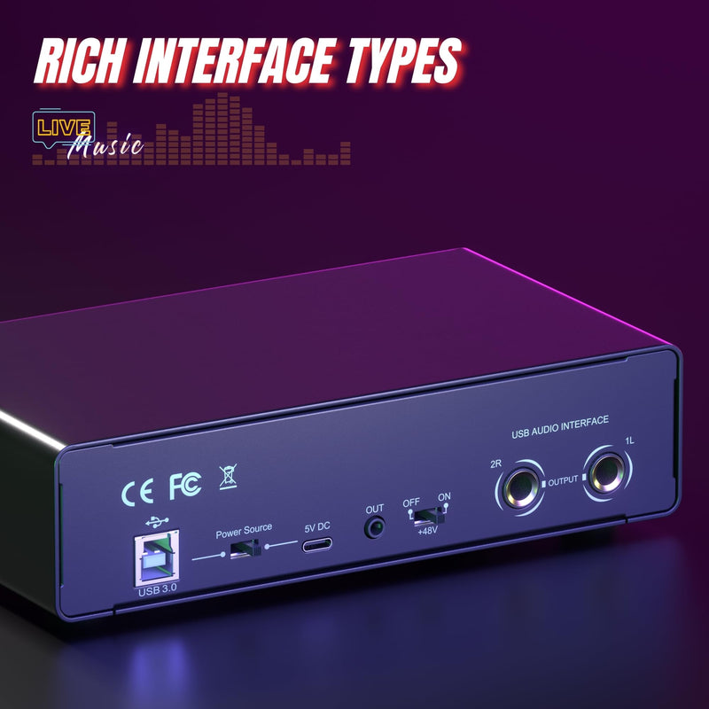 24Bit 192kHz Audio Interface, 2 In 2 Out USB Audio Interface for Recording, Streaming, Podcasting with Pro Audio Mixer, Mic Preamplifier, XLR TSR TS Ports, 48V Phantom Power