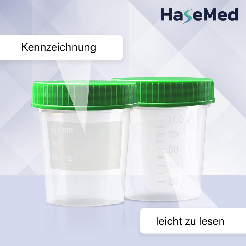 3 x HaseMed Premium Urine Cup Sample Cup | 125 ml, Screw Cap Lid, Green, Graduated up to 100 ml, Leak-Proof, Writeable, Freezable 3