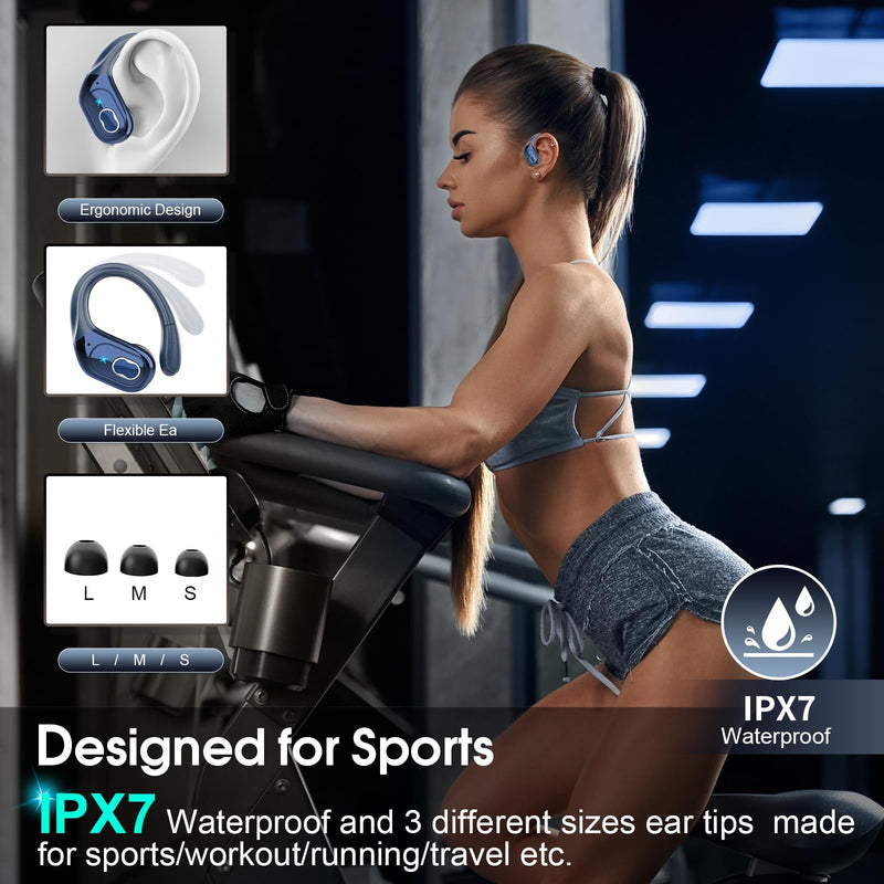 Aptkdoe 2 Sets Wireless Earbuds Sport, Bluetooth 5.4 Over Ear Buds Stereo Deep Bass Over Ear Bud with Earhooks, 75H Wireless Earphones with Mic, IPX7 Waterproof Earphone for Sports Blue+White
