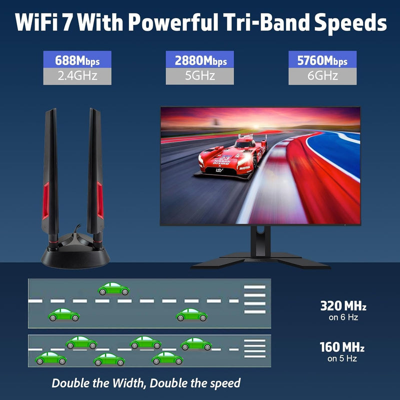 9dBi WiFi 7 Tri-Band Magnetic Base Gaming Antenna with New Connector（NOT RP-SMA for ASUS ROG Strix X870E-E X870-A X870-Plus B650-Plus ASUS Prime TUF Gaming PC Desktop Computer Gaming Motherboard