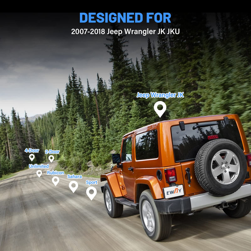 EWAY Safety Backup Rear View Camera for Jeep Wrangler 2007-2018 Reverse Reversing License Plate Camera & for Jeep Wrangler JK Backup Camera Video in-Dash Radio Wire Input Harness AV Plug to Display