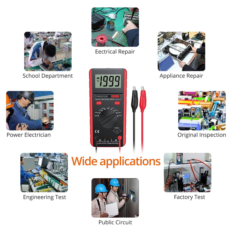 Proster Digitales Kapazitätsmessgerät 200pF-20mF Messgerät Kondensator Handmultimeter Tester für Anfänger mit drehbarer LCD-Anzeige Rot-vereinfachte Version