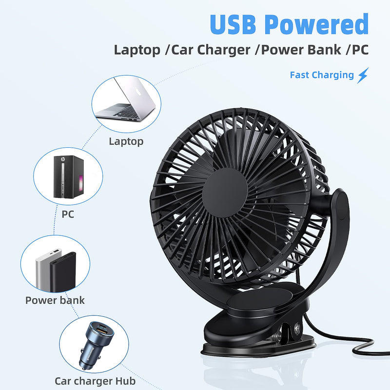 [AUSTRALIA] - ATEngeus USB Fan, Rechargeable Portable Fan, Clip on Fan, Battery Operated Fan, 3 Speeds, 5000mAh USB Desk Fan, 720°Rotation, Sturdy Clamp for home, Camping, Treadmill and car TF-28D 