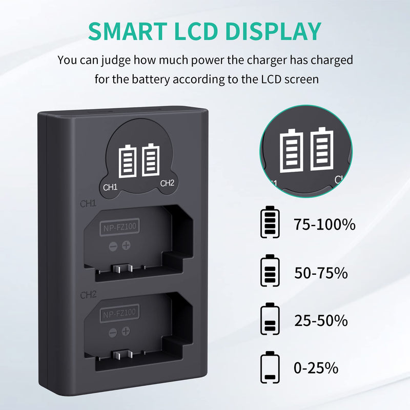 NP-FZ100 Camera Battery Charger, LP Dual USB Charger with LCD Display, Compatible with Sony A6600 A9 A9R A9S A9II A7C A7SIII A7III A7RIII A7RIV A7IV Cameras, Charging Station for Sony NP-FZ100 Dual Slot Battery Charger