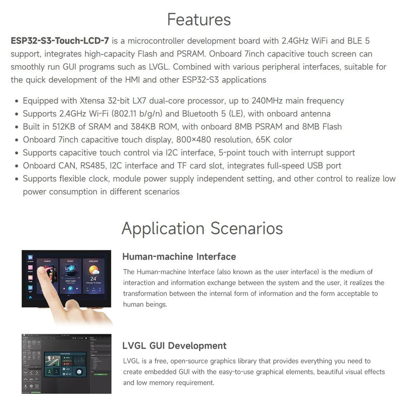 Waveshare ESP32-S3 7inch Capacitive Touch LCD Development Board, ESP32 with Display, 800×480, 5-Point Touch, Up to 240MHz Frequency, Supports WiFi & Bluetooth, with Onboard Antenna