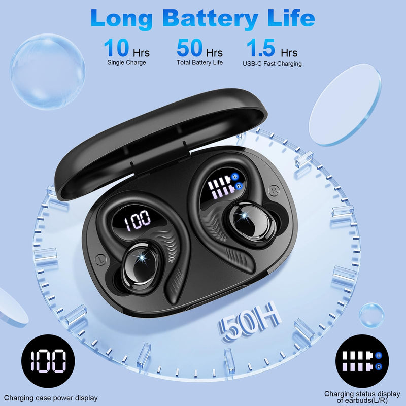 Hupoaf Wireless Earbuds Sport, NEW Bluetooth 5.4 Headphones with Earhooks, 50H Stereo Deep Bass Over Ear Buds with 4 ENC Noise Canceling Mics, IP7 Waterproof Earphones for Running Workout Gym -Black A-Black