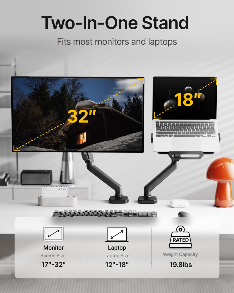 monTEK 2-in-1 Laptop & Monitor Desk Mount, Fits 12–18"Laptops & 32" Screens | 2-in-1 Desk Mount with Removable Vented Laptop Tray, Full Motion Arm with Clamp/Grommet Base, 75/100 VESA Mount Single Arm