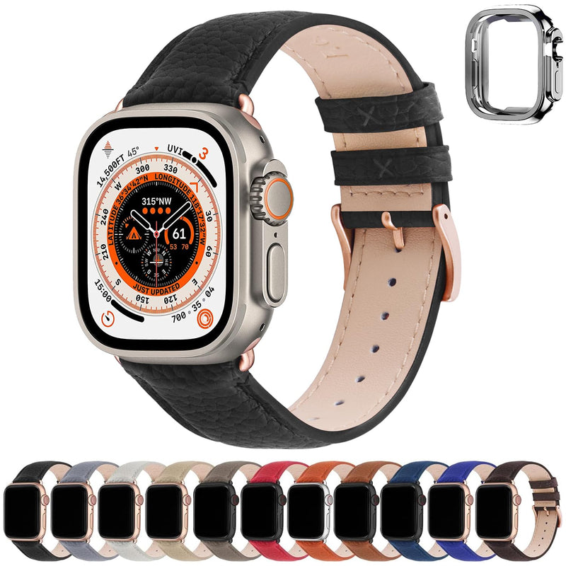 Fullmosa Compatible Metal No tools needed Apple Watch Band 44mm/45mm/42mm Gold with Case & Compatible Leather Apple Watch Band 44mm/45mm/42mm,Black+Rose Gold