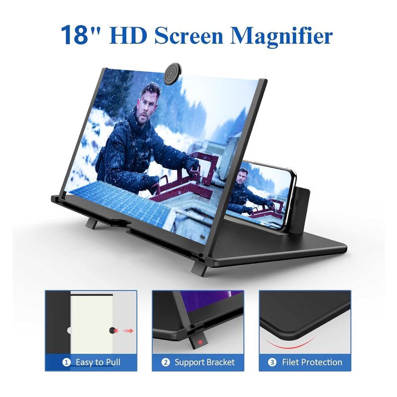 18" Screen Magnifier for Smartphone –3D HD Mobile Phone Magnifying Projector Screen Enlarger for Movies, Videos, and Gaming–Foldable Phone Stand with Screen Amplifier–Supports All Cell Phone 18 Inch Black