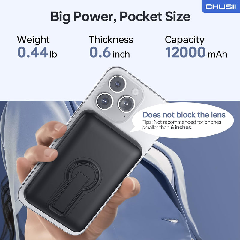 for Magsafe Portable Charger, 12000mAh Wireless Magnetic Power Bank with Stand and USB C in/Out Fast Charging, for Magsafe Battery Pack Compatible with iPhone 15/14/13/12 Pro/Pro Max Series-Black Black