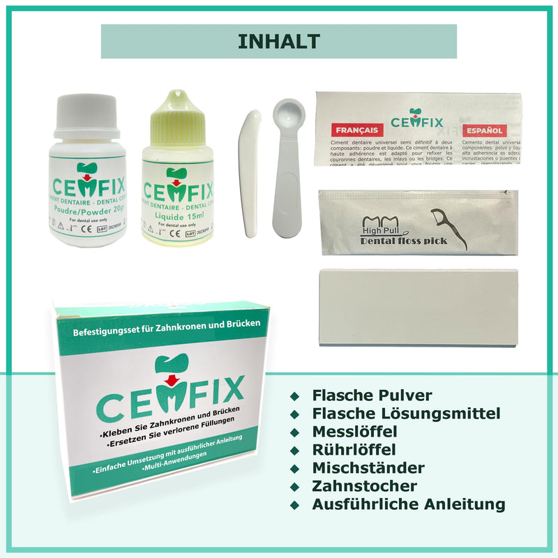 CEMFIX - For refixing dental crowns and bridges. The ideal solution for crowns, bridges, dental caries and lost fillings.