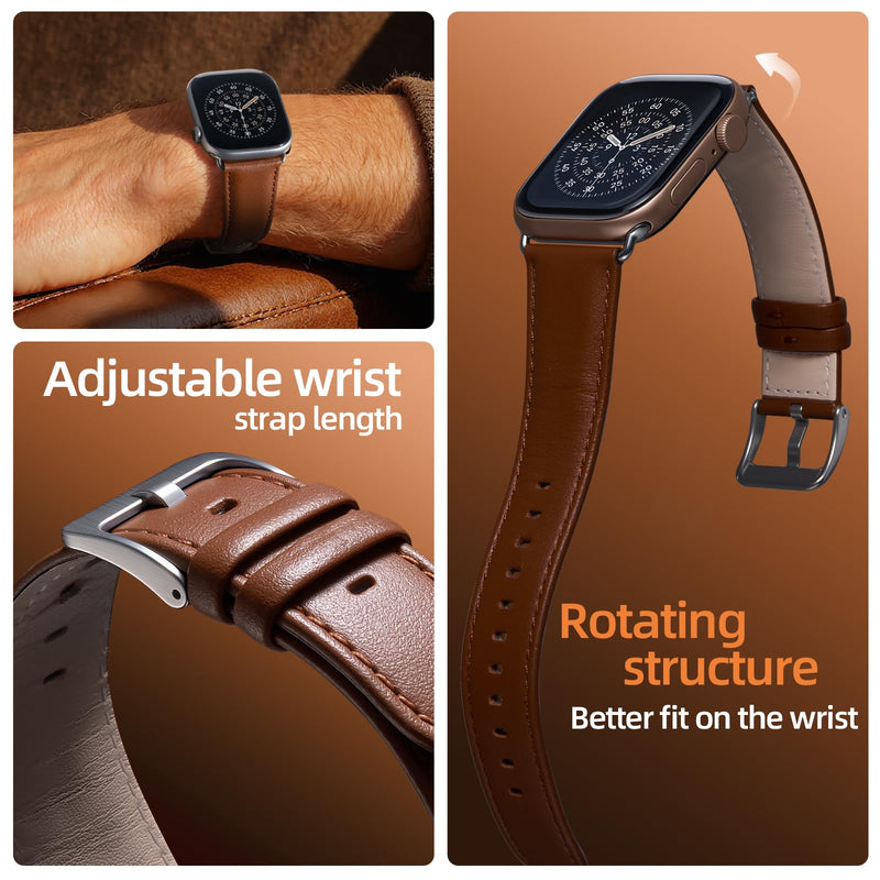 BESTSURE Leather Band Compatible with Apple Watch for Men and Women, Classic Genuine Leather Watch Strap, Fits Ultra/SE/Series 11–3(49/46/45/44/42mm) Brown 42mm/44mm/45mm/46mm/49mm