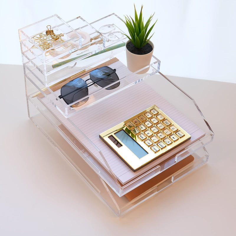 Acrylic Calculator with Stand, Battery and Solar Hybrid Powered Basic Calculator 12-Digit LCD Display,Home Office Desktop Accessories(Gold) Gold