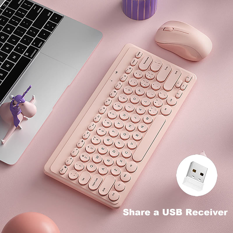 Compact Keyboard MouseCombo,JieruiDeng 79-Key Retro Mini Cute Computer Keyboard 2.4G USB Wireless and Silent Mice Set for Laptop Desktop PC iPad (Pink) Pink