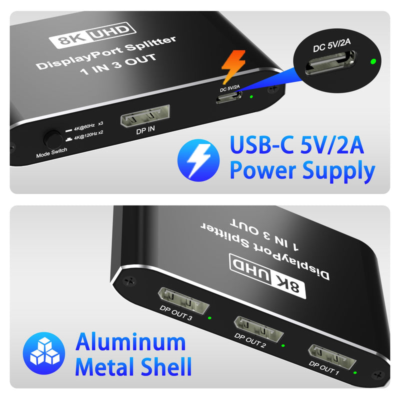 [AUSTRALIA] - Displayport Splitter 1 in 3 out, 8K@60Hz, 4K@120Hz, Resolution DP 1.4 DisplayPort Switcher Selector Box, DSC Support, Display Port Switcher Compatible with PC, Laptop, Monitor, Gaming, TV, NVIDIA, AMD 