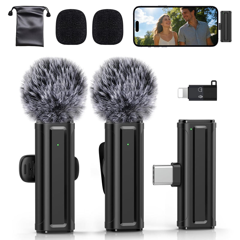 Wireless Mini Microphone for iPhone, iPad, Android, 2 Pack Lavalier Mic with 360° Rotatable Clip, Plug and Play Noise Reduction USB-C Mic for Video Recording YouTube TikTok Podcast Content Creators Black
