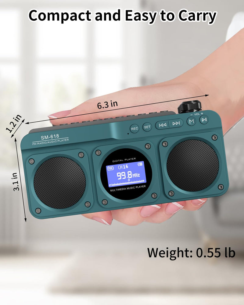 [AUSTRALIA] - SEMIER Small Digital FM Radio Bluetooth Speaker, Handheld Rechargeable Radio Wireless Speaker, LCD Display, Double Speakers, Headphone Jack, Support USB/Micro SD Card MP3 Play for Home Outdoor (No AM) Blue 
