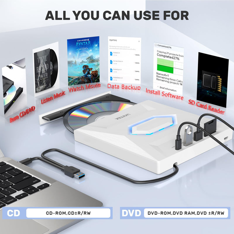 Unitek External CD DVD Drive, USB C 3.0 Portable Optical Disc Player Burner | CD DVD +/-RW Optical Disc Drive, 3 USB Hub and 1 SD Card Slot, Slim CD ROM Reader Writer for Laptop Desktop PC Mac Windows 5-IN-1 WHITE