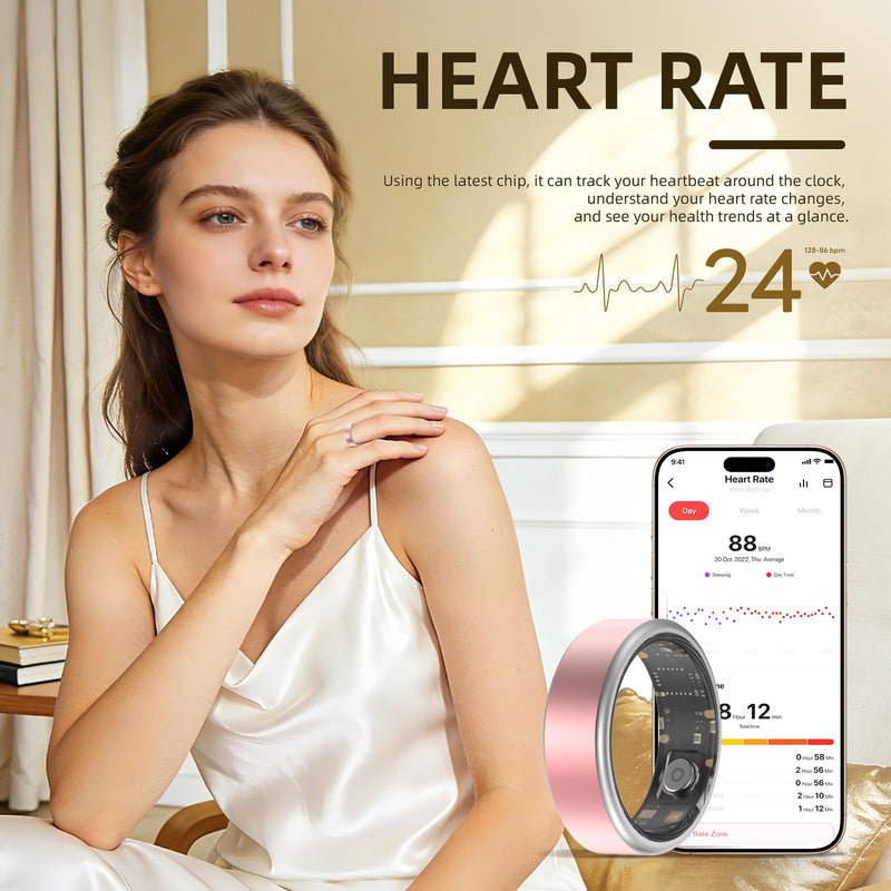 Smart Ring Long-Lasting Battery Chip Fitness Tracker Monitors Heart Rate Blood Oxygen Levels Records Sleep Step Count Waterproof Function Christmas/Valentine's Day Gift (Silver, 10) Silver