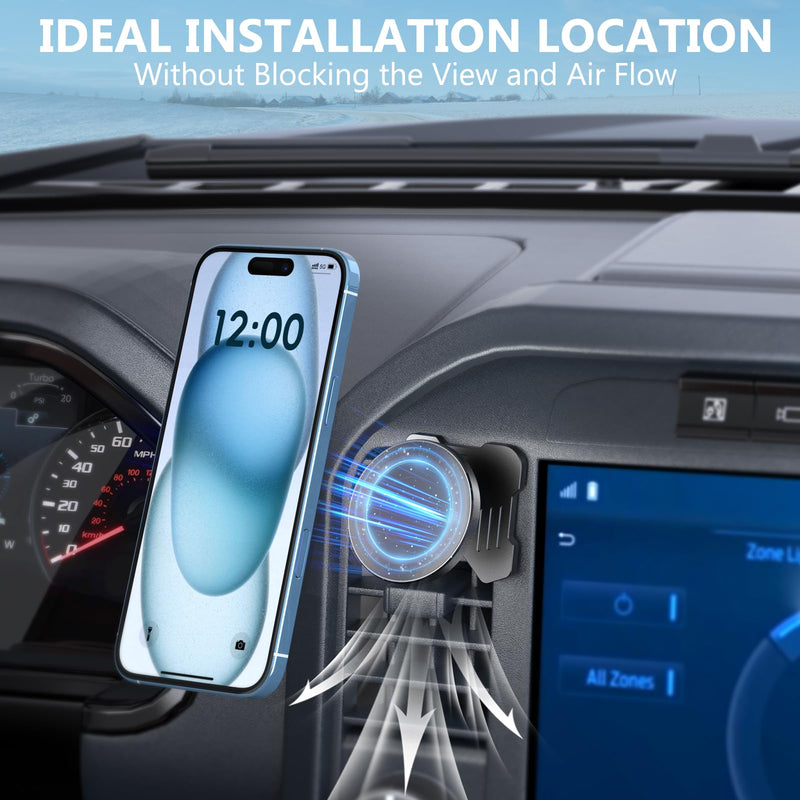 Surfcabin CNC Magnetic Car Vent Phone Mount for 2021-2026 Ford F150 | 2021-2026 Super Duty F250 F350 F450, Full Metal Bracket, No Shake, No Block Airflow, Fits iPhone & Android, Easy Install Without Metal Arm