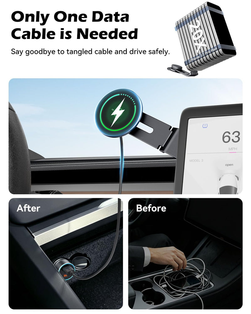 15W Charging Phone Mount for Tesla Model 3/Y, Magnetic Car Metal Holder | 360° Rotatable【Foldable & Extendable Hidden Design】 Tesla Screen Stand for 3/Y/Juniper/Cybertruck Accessories Wireless Charging