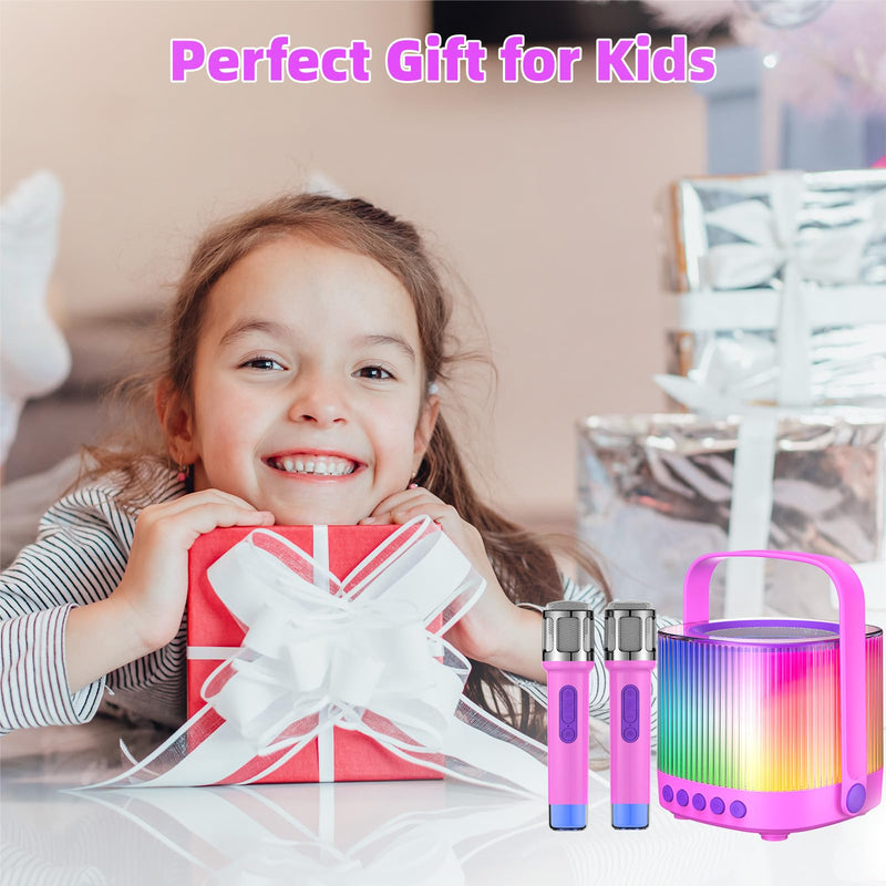 Karaoke Machine for Kids Adults Portable Bluetooth 5.3 Speaker with 2 Wireless Microphones, Five LED Disco Lights Modes, Five Funny Sound Modes, for Girls Boys Home Party-Pink Pink