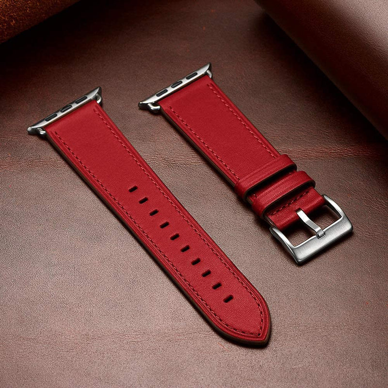 OUHENG Compatible with Apple Watch Band Genuine Leather Replacement Strap 41mm 40mm 38mm Black & Red