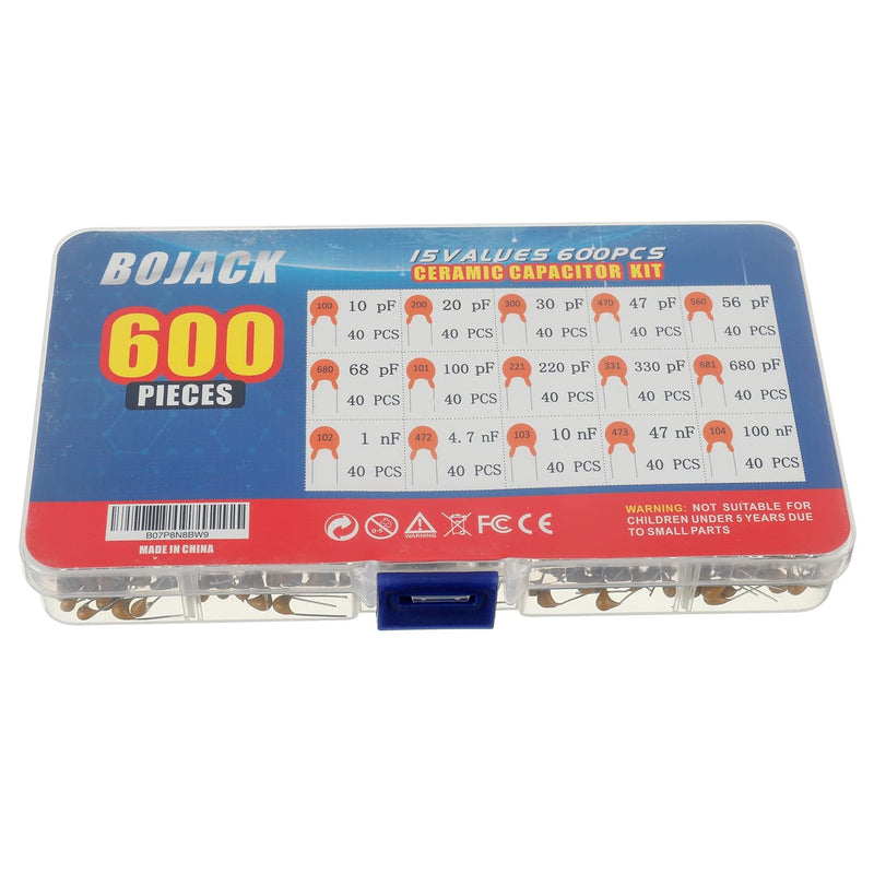 BOJACK 600-Piece 15 Value Ceramic Capacitor Kit (10 pF, 20 pF, 30 pF, 47 pF, 56 pF, 68 pF, 100 pF, 220 pF, 330 pF, 680 pF, 1 nF, 4.7 nF, 10 nF, 47 nF, 100 nF)