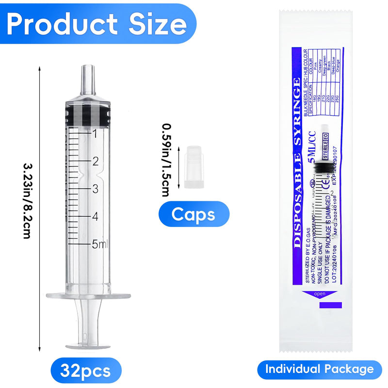 winbest Syringe 5 ml, Pack of 32 Individual Package Plastic Syringe with Cap Plastic Syringe Without Needle Reusable Syringe for Liquid Measurement and Dispensing, Animal Feeding, Plant Watering