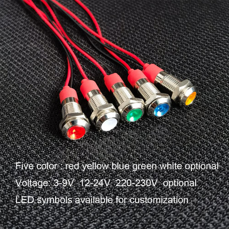 GUUZI 8mm LED Indicator Light 12-24V Waterproof Signal Light Metal Plate LED Indicator Signal Light Plate Mount Flat Head with Wires Silver Housing (Red, 6 Pieces) Red