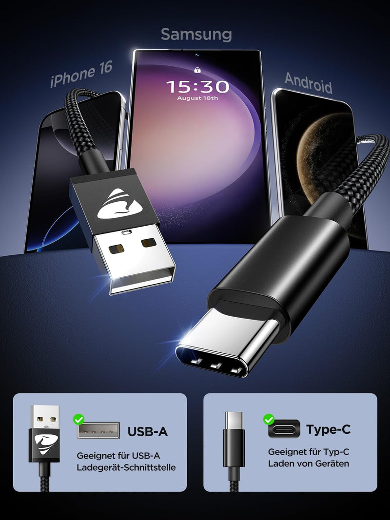 USB C Cable, [Pack of 2 2 m] 3.1A Charging Cable USB C Nylon Type C Fast Charging Cable USB to USB C Cable for Samsung Galaxy S25 S24 S23 S22 Ultra S9 S8 A55 A54 A52 A51, Note 10, iPhone 16 15, Huawei 2 m + 2 m black