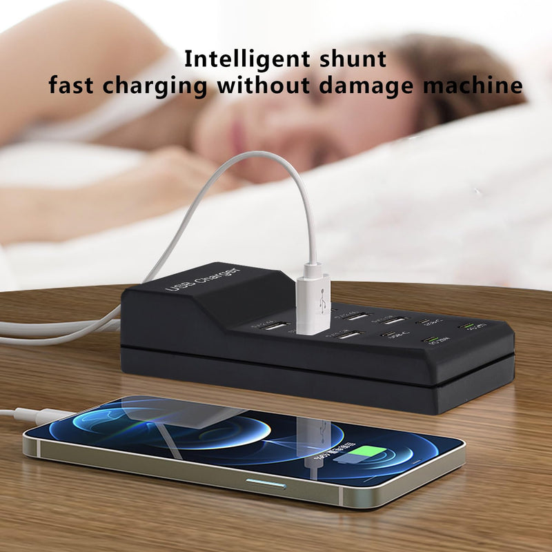 USB Charger,5V 10A(50W) USB Charging Station with 10-Port Family-Sized Smart USB Ports for Multiple Devices Smart Phone Tablet Laptop Computer, for iPhone 15/14/13 Black A-Black