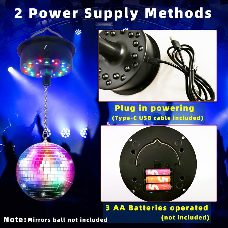 Mirrors Ball Motor with Remote, 5-10 RPM Adjustable Spinner with 23 RGBW LED Rotator with Multi Light Mode and Sound Control for 6 to 12 Inch Mirror Ball(Not Included)