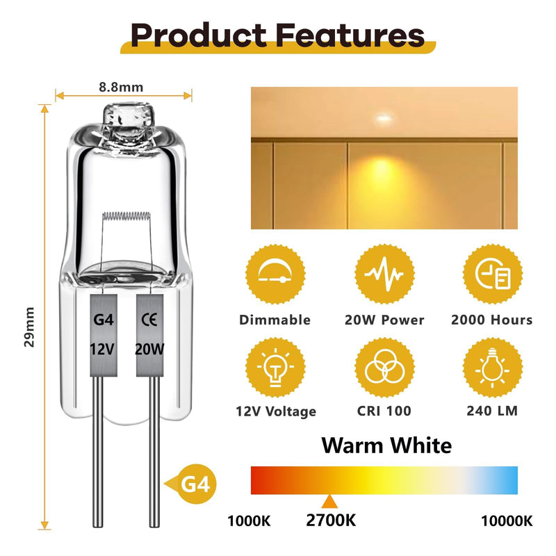 [AUSTRALIA] - Pack of 12 G4 Halogen Light Bulbs 20 W 2700 K Warm White 240 lm Halogen Bulb G4 20 W 12 V to 300 C Halogen Dimmable Warm White for Cooker Hoods, Ovens, Microwaves 20w 