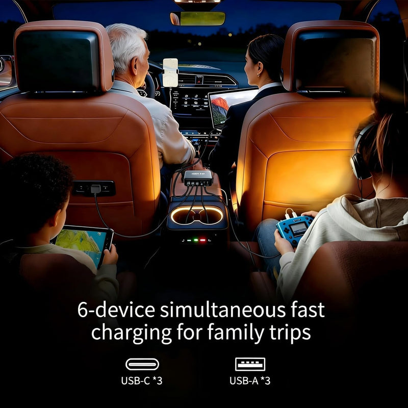 200W USB C Car Charger, 6 Port Multi Fast Charging Car Charger with PD 100W 3.0 PPS, Laptop Car Charger Compatible with MacBook, Galaxy S26/S25, Dell, HP& Other Electronics - Simultaneous Charging