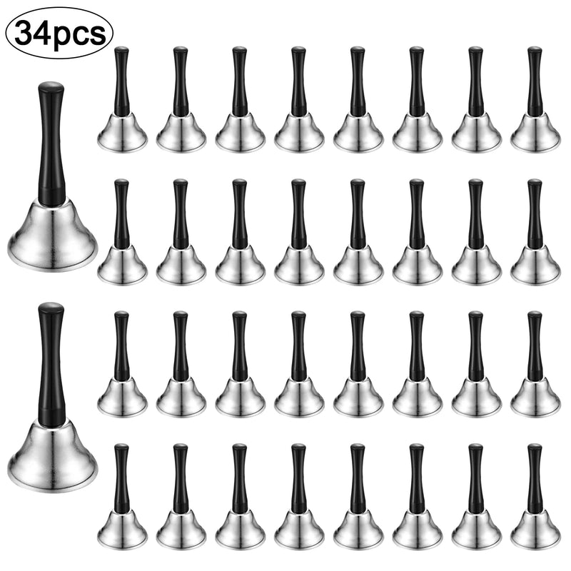 34 Pieces Metal Hand Bell Bulk for Adults,Kabcifea Silver Steel Small Hand Held Bells Dinner Call Service with Black Wooden Handle Care for School Church Adults Classroom Wedding Decorative