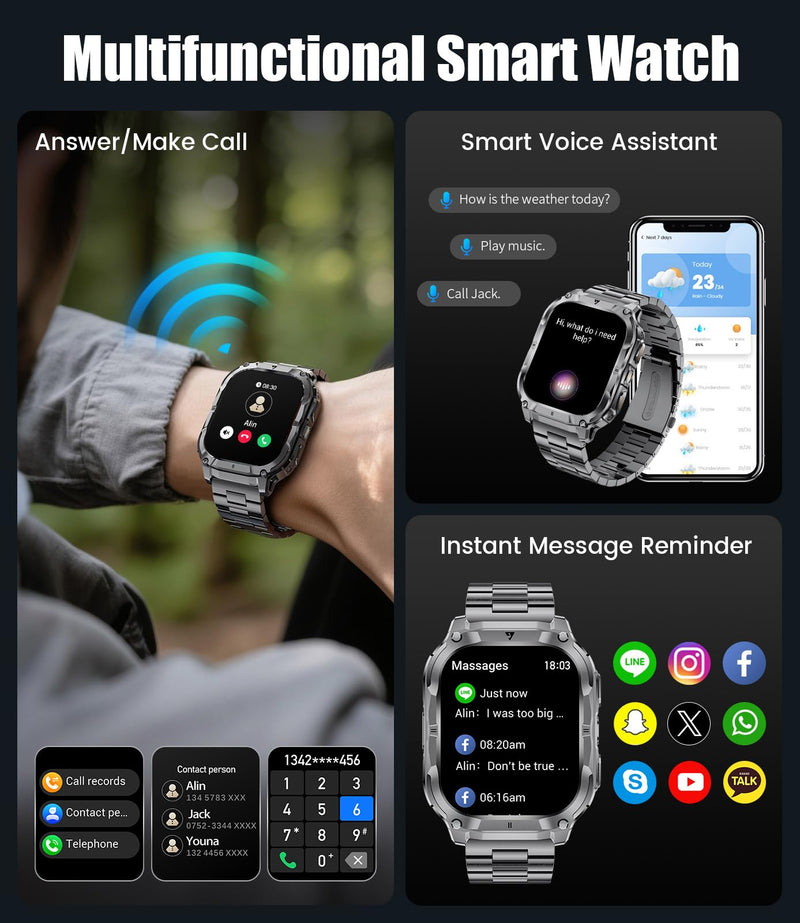 LIGE Military Smart Watch for Men(3 Bands),1000mAh/2 HD Large Screen Smartwatch, Flashlight/110+ Sports Modes, Fitness Tracker Watch for Android iOS,Black black