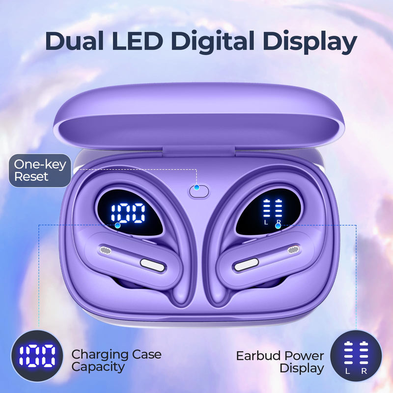 GNMN Active Noise Cancelling Ear Buds Wireless Earbuds 90Hrs Playtime Hi-Res Stereo Deep Bass Power Display Earphones with Earhooks Waterproof Transparency Headset for Sports/Gym Light Purple